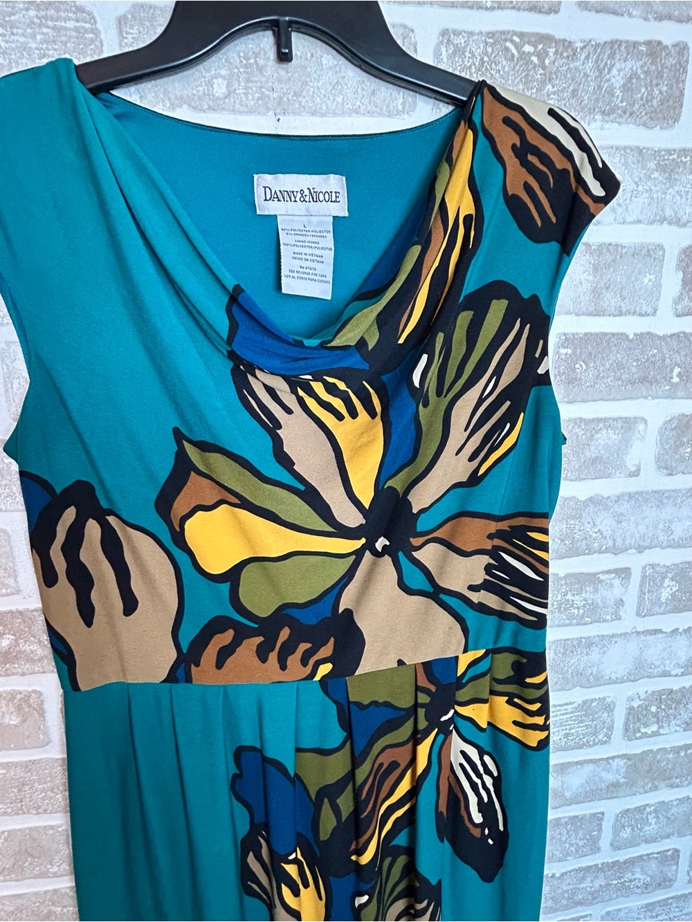Danny & Nicole Teal Floral Maxi Dress with Yellow, Blue & Brown Accents - Picture 6 of 7